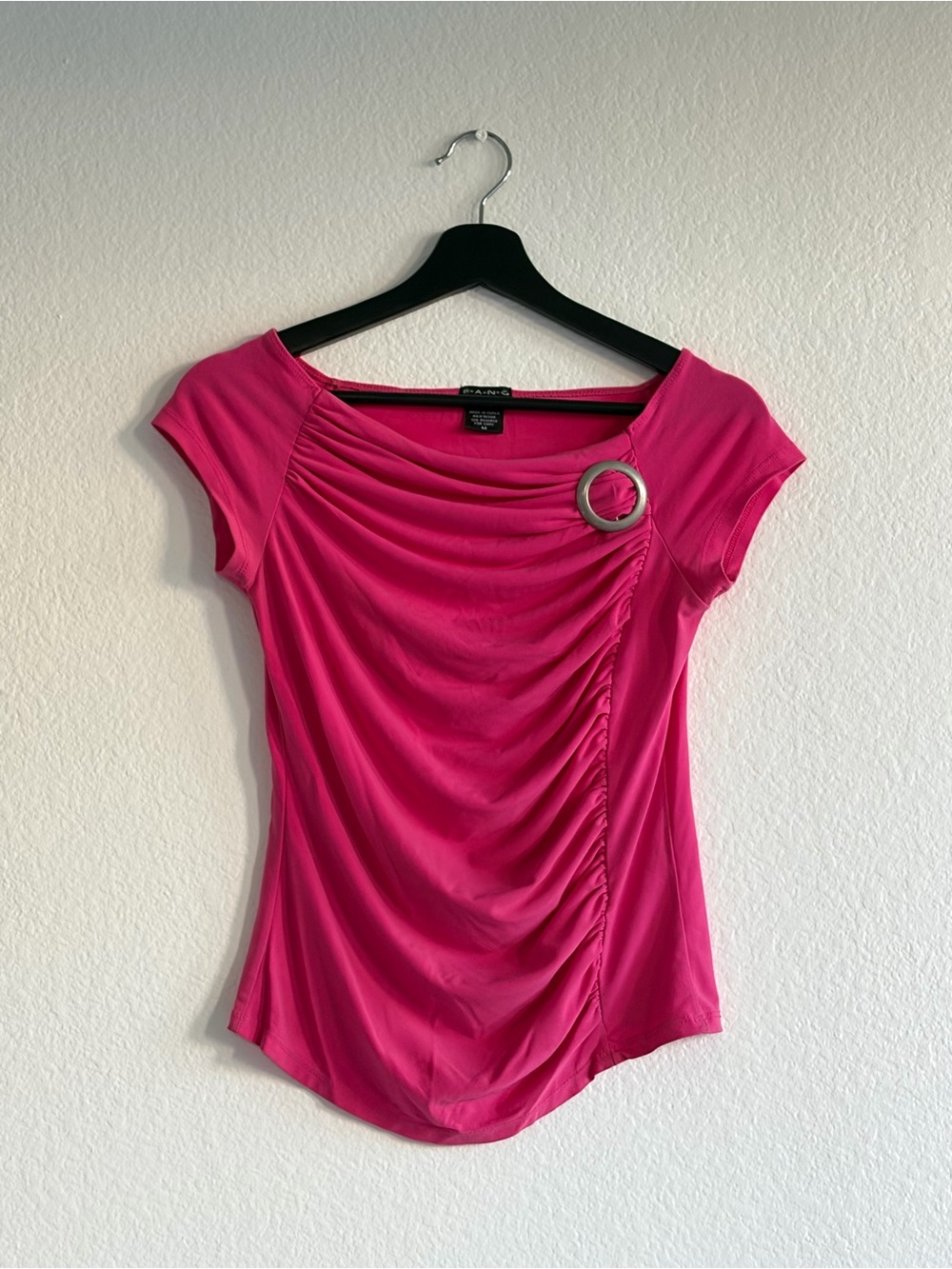 FANG Hot Pink Ruched Cap-Sleeve Top with Silver Ring
